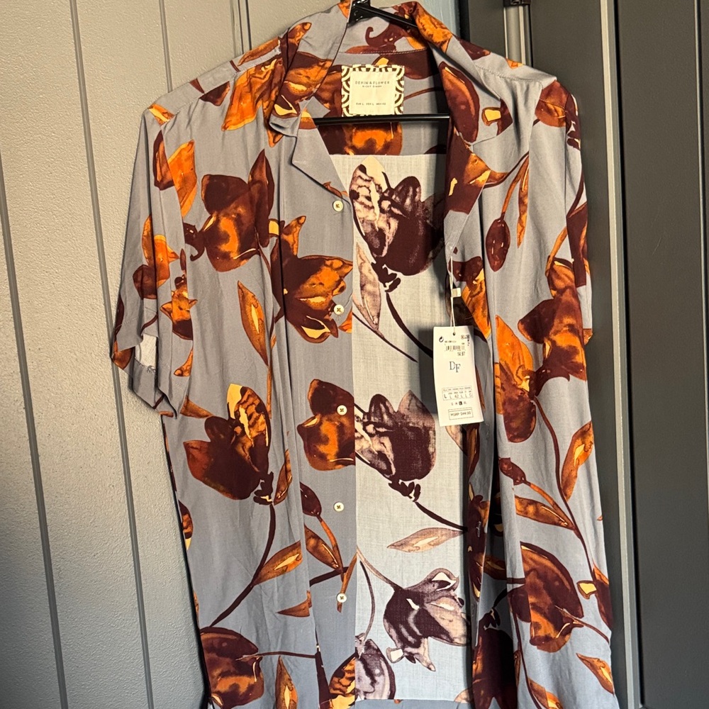 Men's Short-Sleeve Floral Camp Shirt - Gray with Brown & Orange Print
